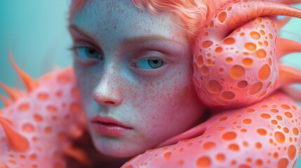 girl with blue eyes, freckles and light orange octopus tentacles 