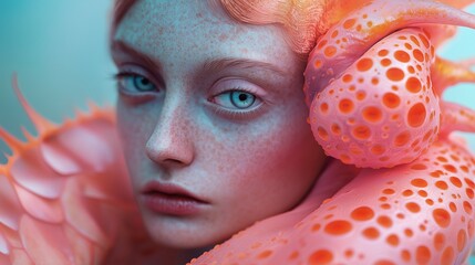 portrait of a person with a red hair and octopus wrapped around her face