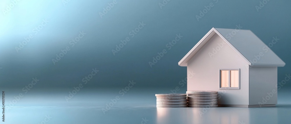 Poster small white house with a sloping roof and a small window on the right side. the house is placed on a