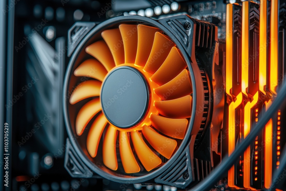 Poster a close-up of a cpu cooler with an orange fan and illuminated heat sinks, showcasing modern computer