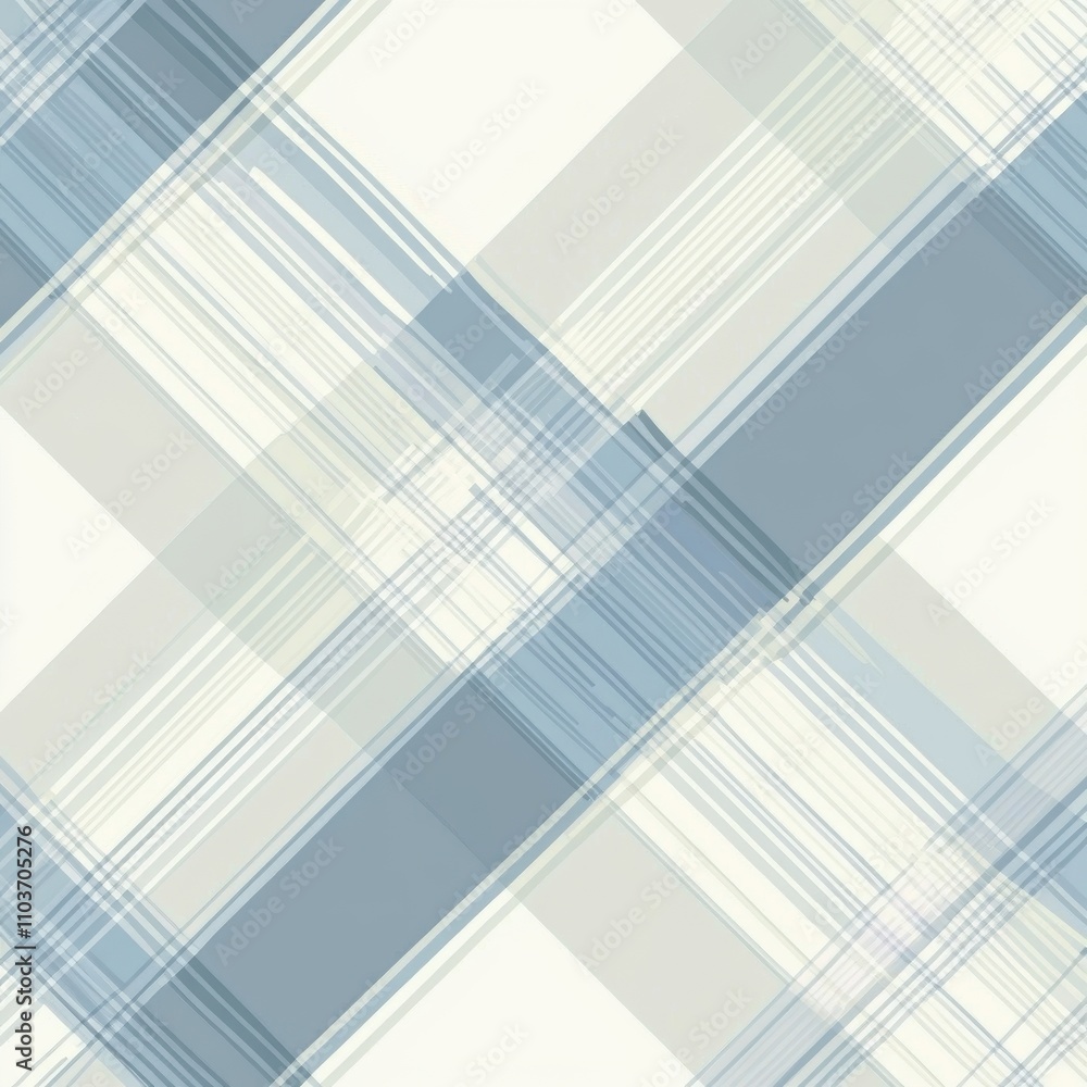 Poster Abstract blue and white plaid pattern with soft lines and overlapping shapes, creating a modern and light aesthetic.