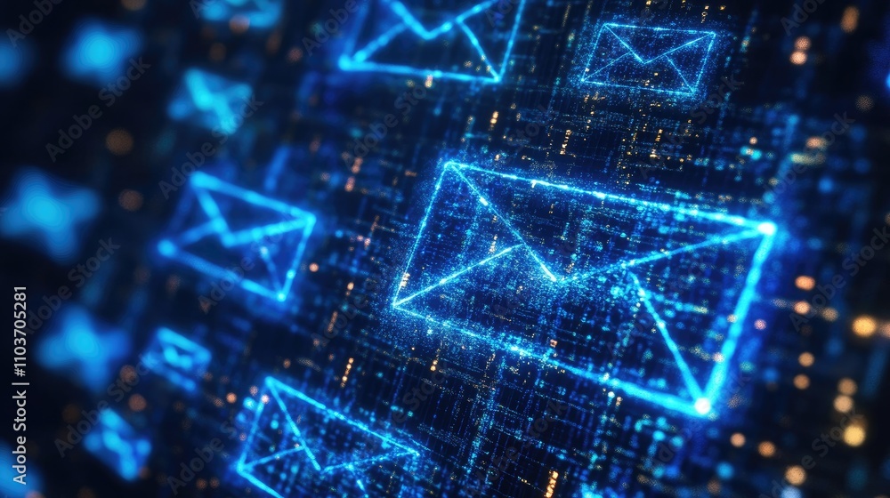 Poster futuristic representation of email security with glowing blue email icons and digital network backgr