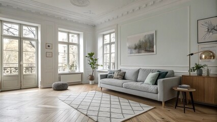 Modern interior living room features an armchair and decorative accessories against a white-colored wall- 3D rendering