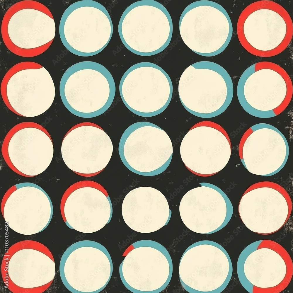 Poster abstract pattern featuring circular shapes in red, blue, and white on a dark background, creating a 