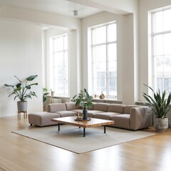 Fototapeta premium Minimalist home interior design of spacious modern living room with a sectional sofa and large windows.