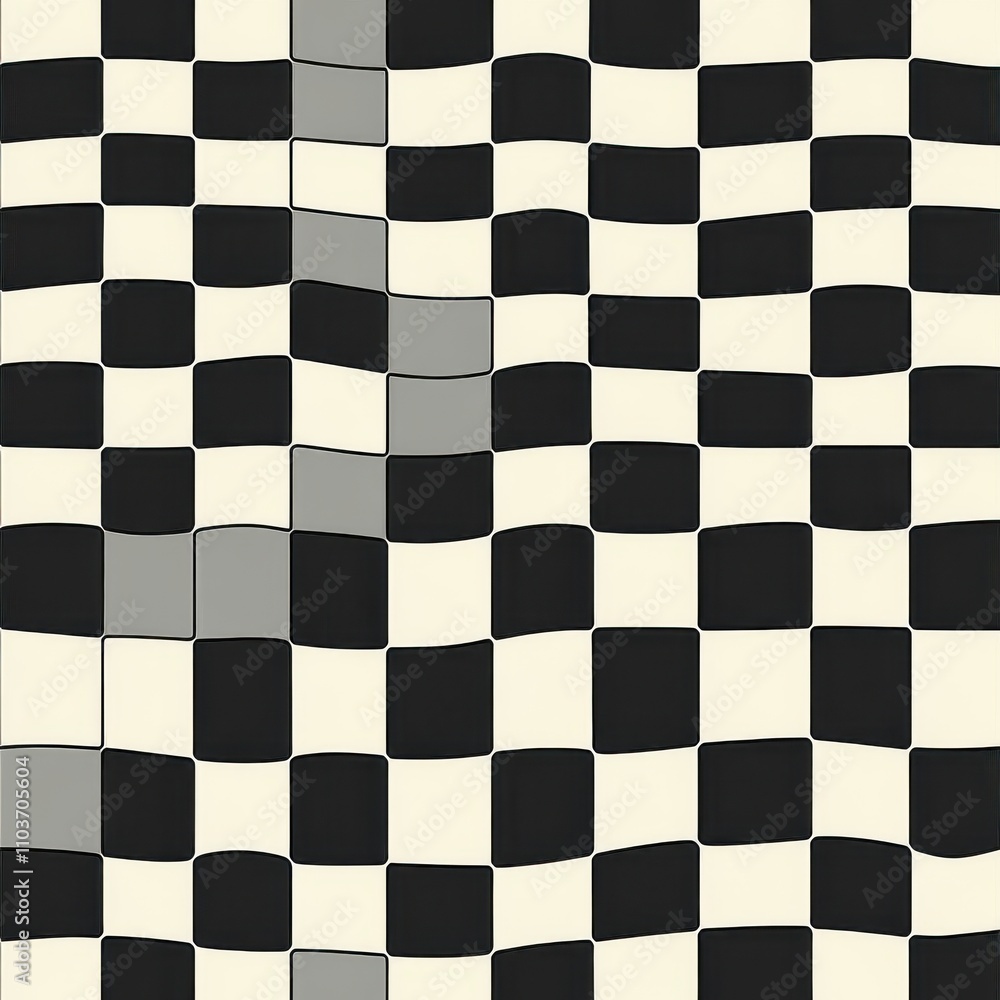 Poster abstract black and white checkered pattern with flowing waves and varying shades of gray, creating a