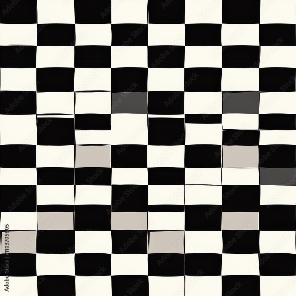 Poster an abstract pattern of black and white squares with varying shades, creating a dynamic visual effect