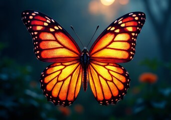 Fototapeta premium Colorful monarch butterfly perched on a flower under soft evening light
