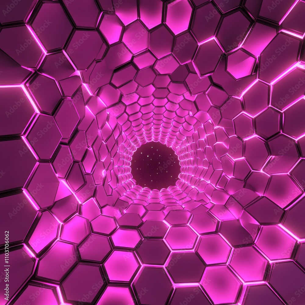 Poster a vibrant pink abstract tunnel of hexagonal shapes illuminated with glowing lights.