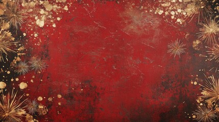 New Year celebration banner featuring golden fireworks on a rustic red stone backdrop with ample blank space for customizable text.