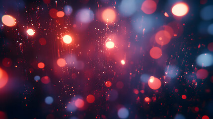 Abstract Red and Blue Bokeh Background,  Vibrant Night Lights Blurred with Raindrops, Creating a Dreamlike Atmosphere.
