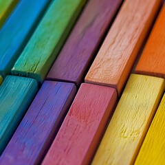 A vibrant arrangement of wooden planks in assorted rainbow colors and textures.