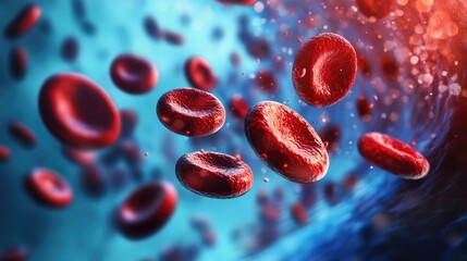 Three-dimensional medical illustration of a human artery showing atherosclerosis, with blood cells obstructed by cholesterol plaque accumulation.