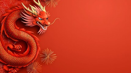 Obraz premium 2025 Chinese New Year firework gold concept. A vibrant red dragon illustration, symbolizing luck and power, set against a bold red background with decorative elements.