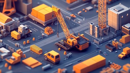 Low-poly isometric illustration of a construction site with cranes, vehicles, and buildings.