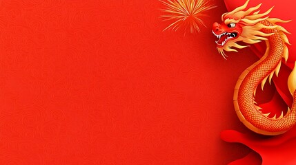 2025 Chinese New Year firework gold concept. A vibrant red background featuring a majestic golden dragon and a burst of fireworks, symbolizing celebration and good fortune.