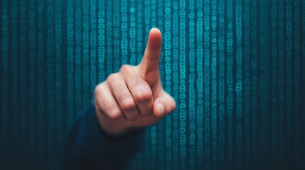 Close-up of a hand pointing at digital binary code, symbolizing technology and digital interaction.