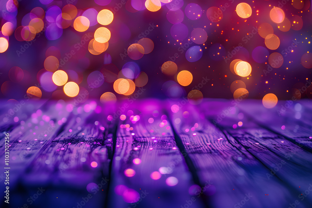 Poster a blurred background with colorful bokeh lights and a wooden surface.