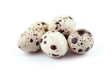 Quail eggs collection on white backdrop