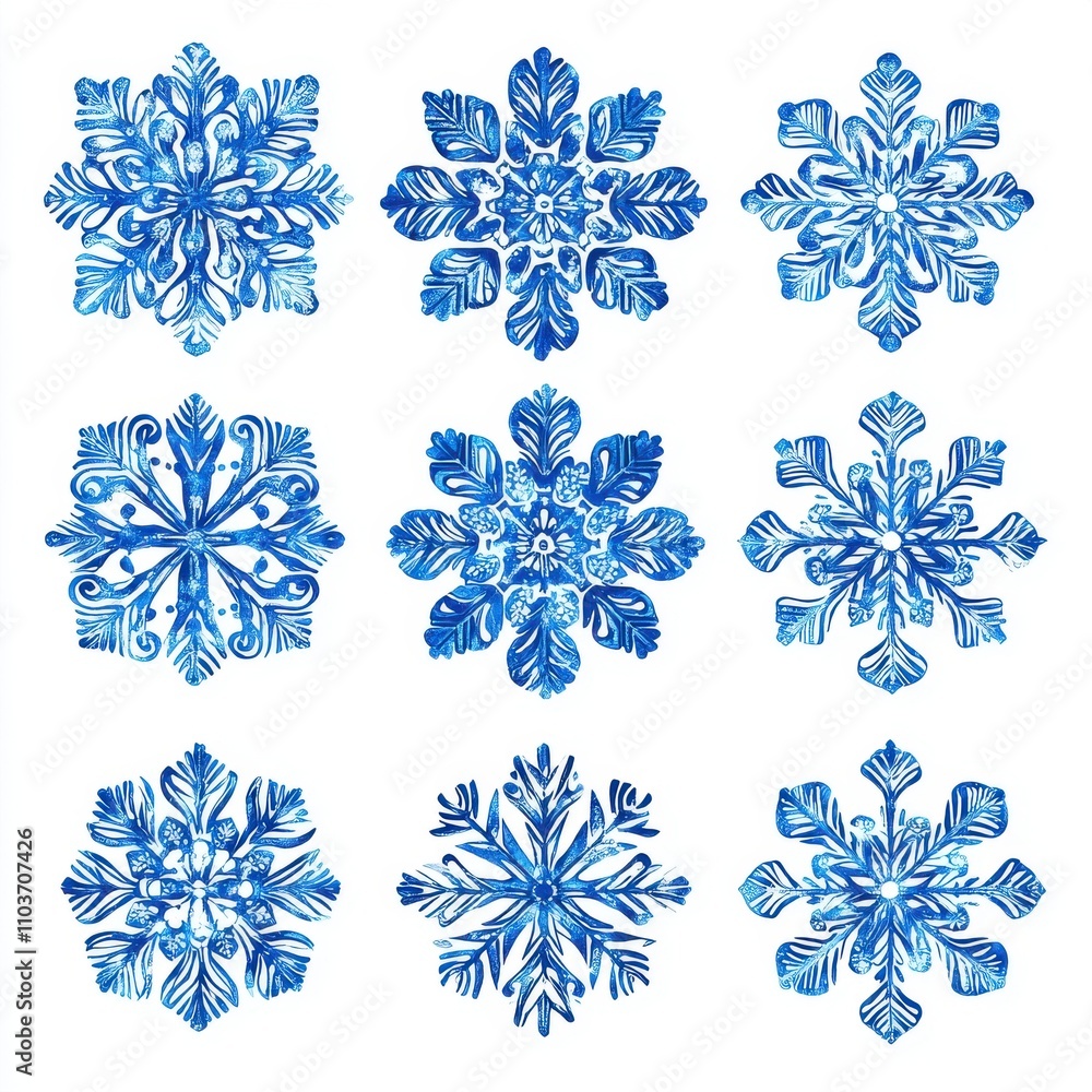 Poster a collection of nine intricate blue snowflake designs, showcasing unique patterns and details.