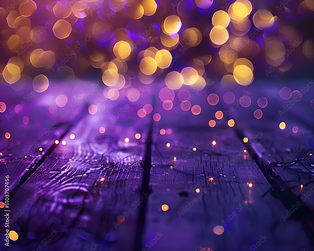 Poster a blurred background with colorful bokeh lights over a wooden surface, creating a dreamy effect.