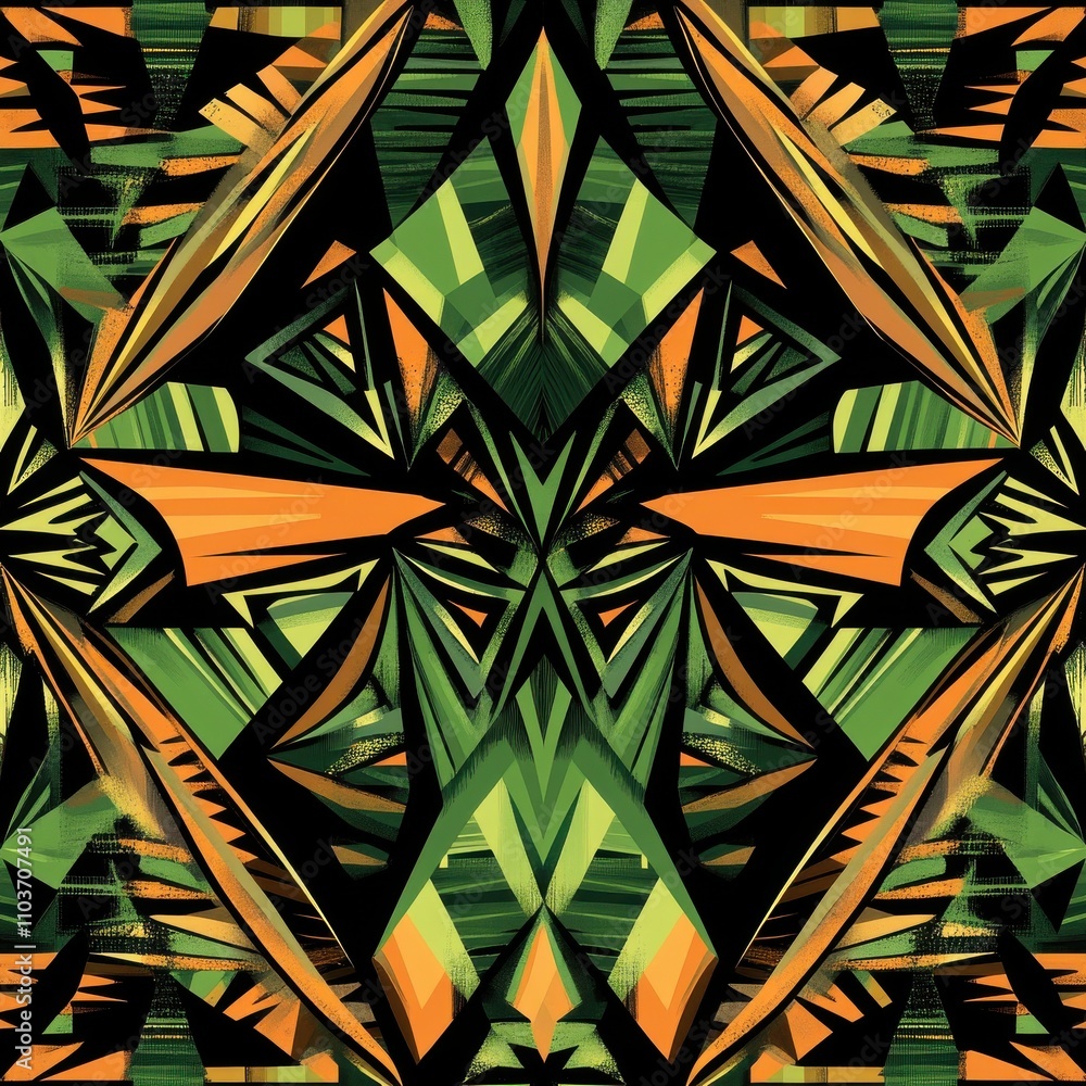 Poster vibrant abstract pattern featuring green and orange geometric shapes and lines, creating a striking 