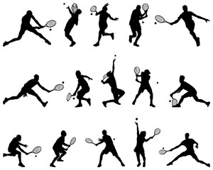 Black silhouettes of tennis players on a white background