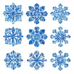 A collection of nine intricate blue snowflake designs, showcasing unique patterns and details.