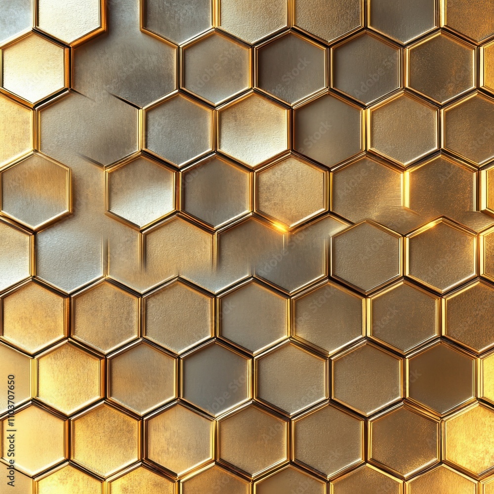 Poster a stunning close-up view of golden hexagonal patterns, reflecting light beautifully and creating an 