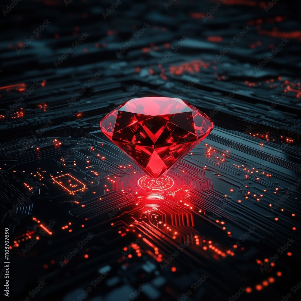 Poster a sparkling red diamond rests on a futuristic circuit board, illuminating the dark background with v