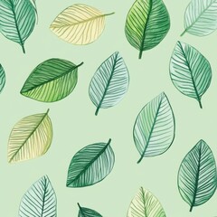 A vibrant pattern of hand-painted green leaves on a soft green background, showcasing nature's beauty.