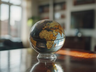 Vintage Glass Globe on Wooden Table Surrounded by Soft Natural Light in Cozy Interior, Showcasing Maps of Africa and Europe Against a Trendy Background