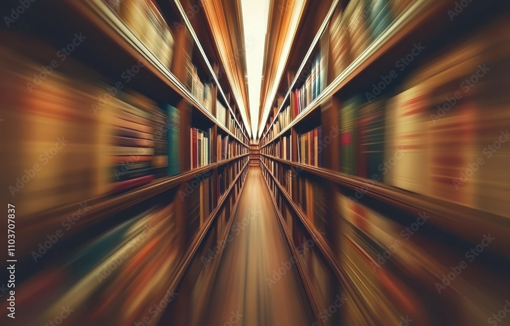 Poster a captivating perspective of a library with blurred bookshelves creating an illusion of depth and kn