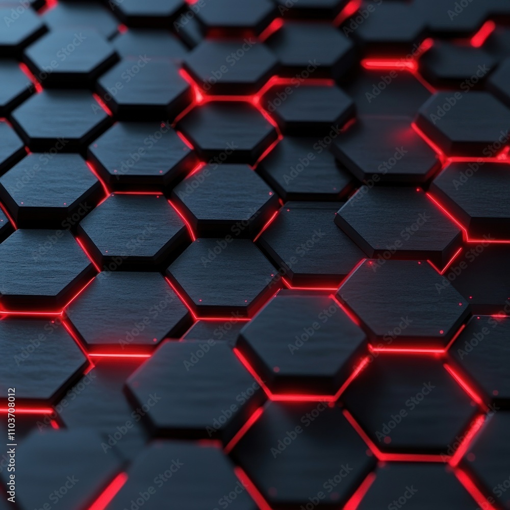 Poster a mesmerizing close-up of black hexagonal tiles with glowing red lines, creating a futuristic and sl