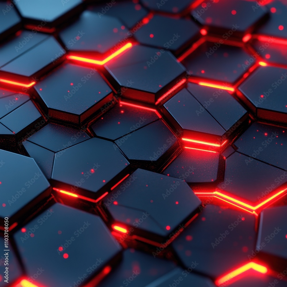 Poster a close-up of a futuristic hexagonal pattern with glowing red lines against a dark background.