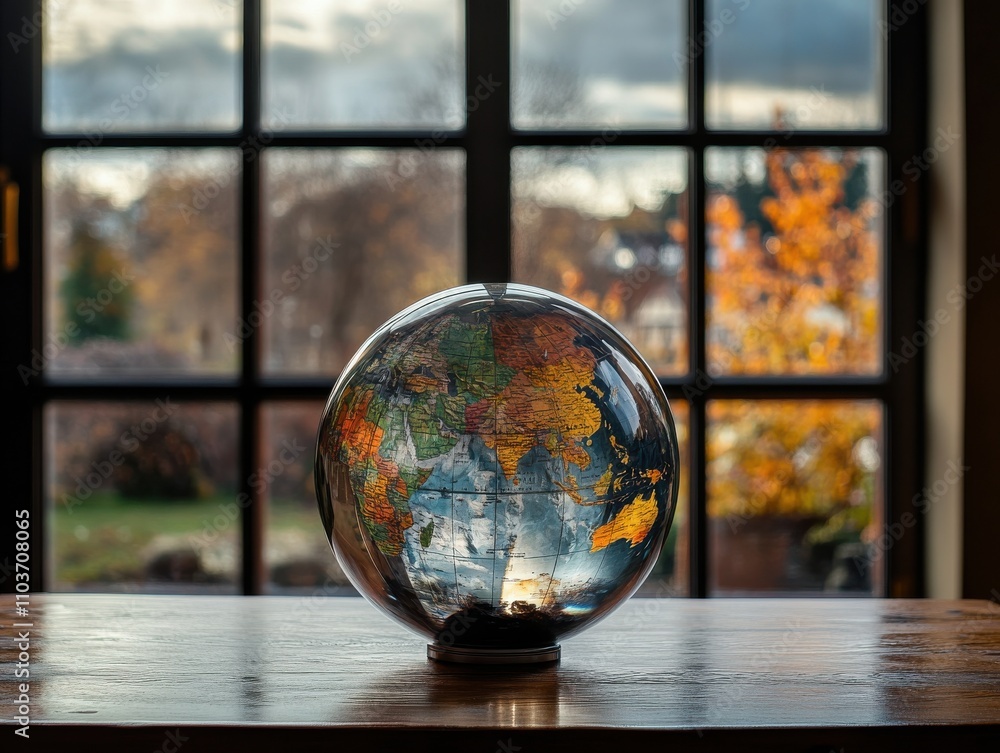 Poster a close-up view of a colorful globe on a table in a sunlit room, featuring a background of autumn fo