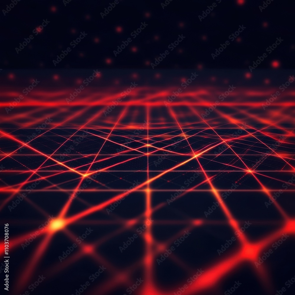 Poster a dynamic red grid pattern converging into the distance, evoking a sense of depth and energy.