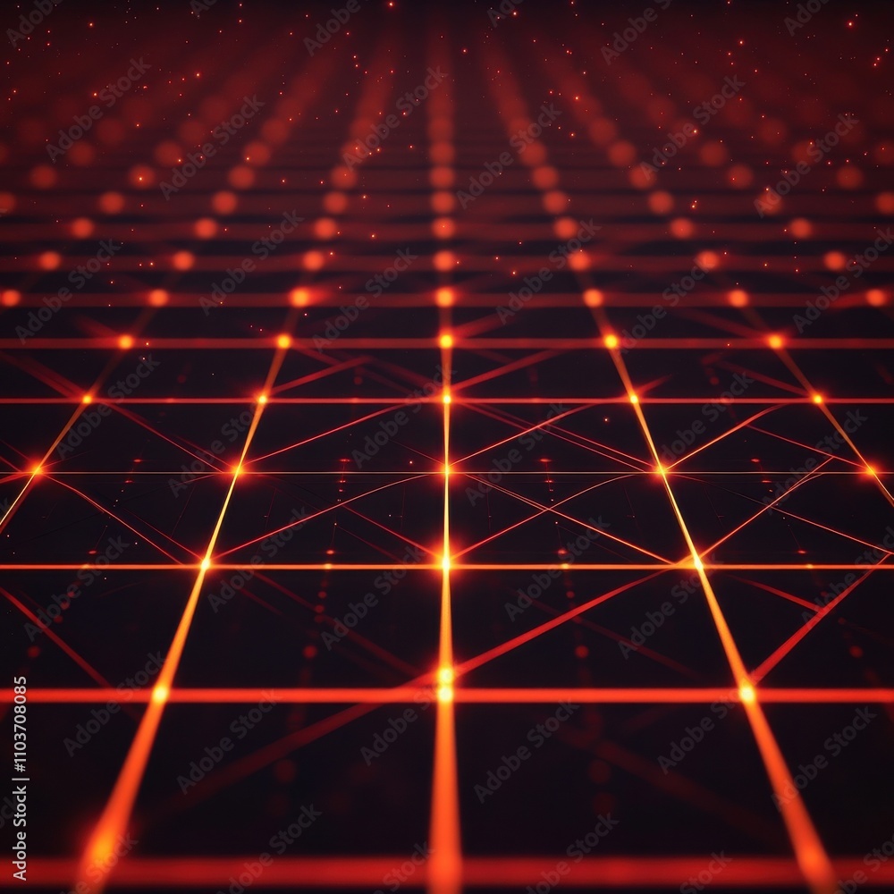 Poster abstract grid pattern with glowing red lines and dots, creating a futuristic digital landscape.