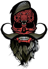 Tête de mort à moustache et barbe hipster skull moustachu et crane barbu tigre