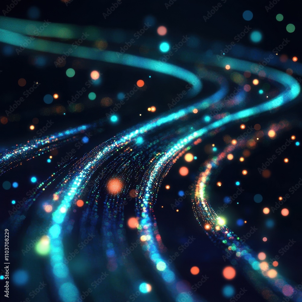 Poster an abstract composition of shimmering lines and glowing particles in vibrant colors against a dark b