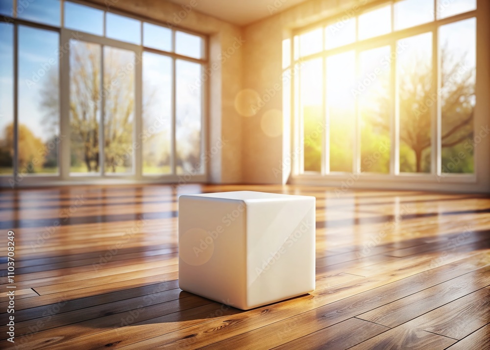 Poster minimalist white cube on wooden floor in sunlit room with bokeh effect creating a serene atmosphere 