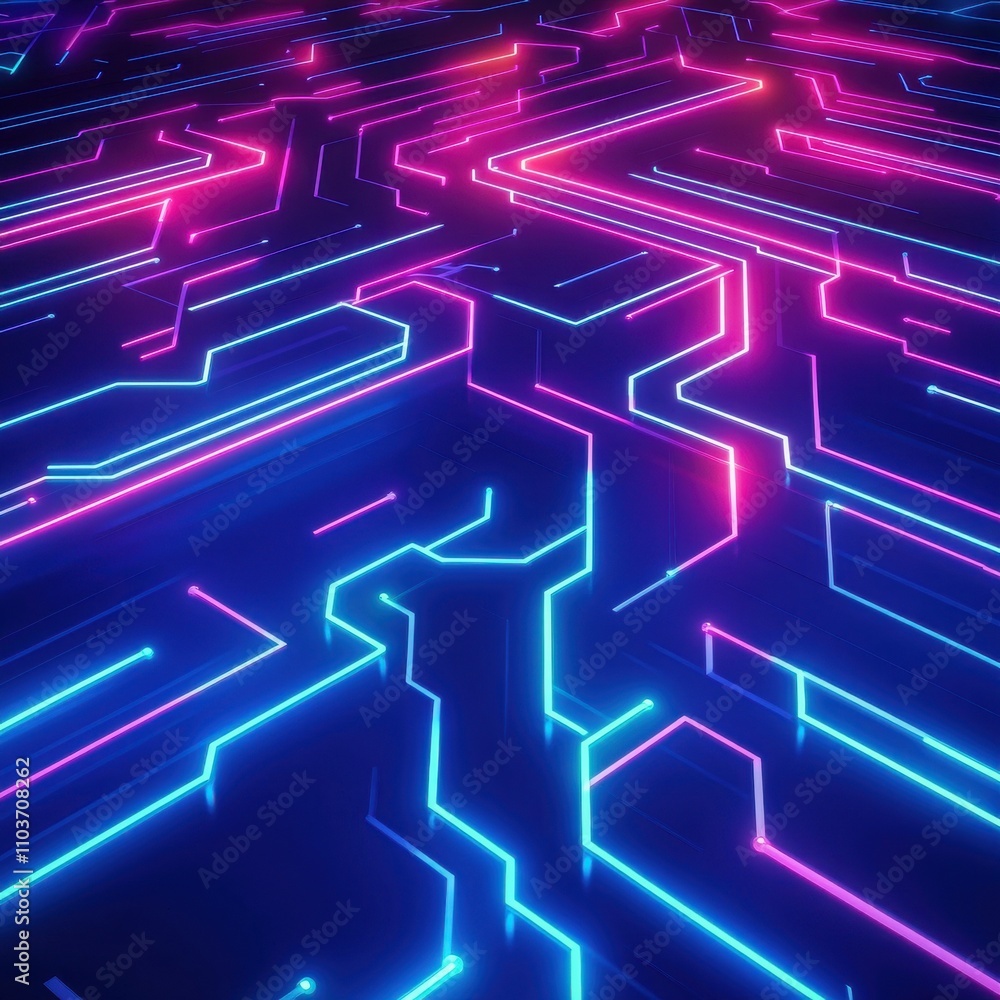 Poster a vibrant abstract digital background featuring glowing blue and pink circuit-like patterns.