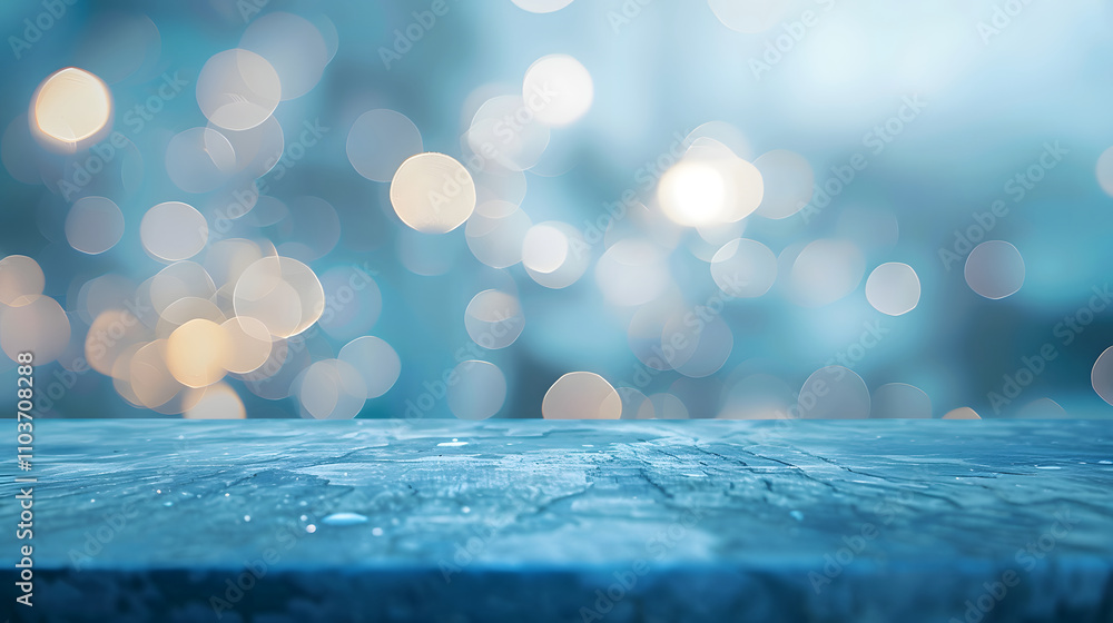 Poster a blurred background with soft bokeh lights and a textured surface in the foreground.