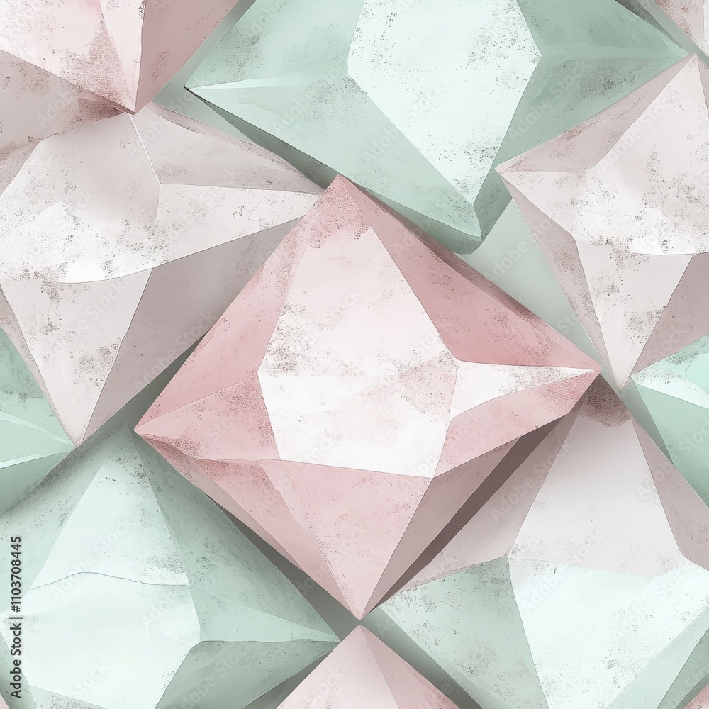 Poster a stunning array of geometric crystals in soft pastel hues, creating a serene and modern aesthetic.