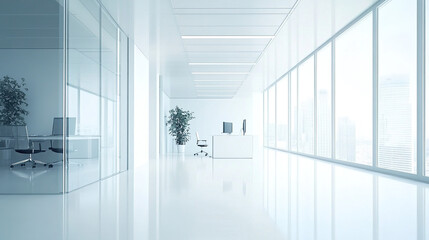 Clean office space with white walls and floors.