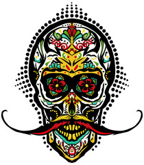 Tête de mort mexicaine à moustache hipster skull moustachu et crane mexicain 