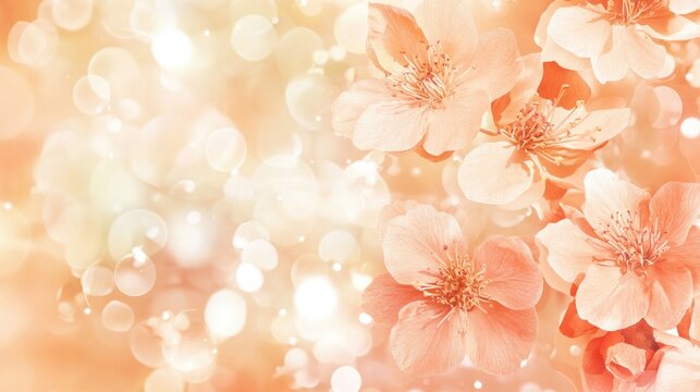 Softly blurred peach flowers with gentle bokeh creating a dreamy pastel vintage background ideal for invitations and romantic events