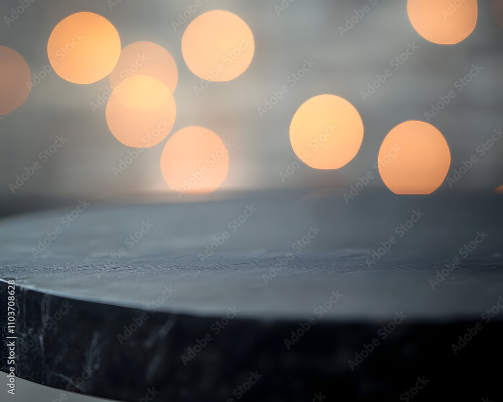 Poster a blurred background with warm bokeh lights and a dark tabletop surface in focus.