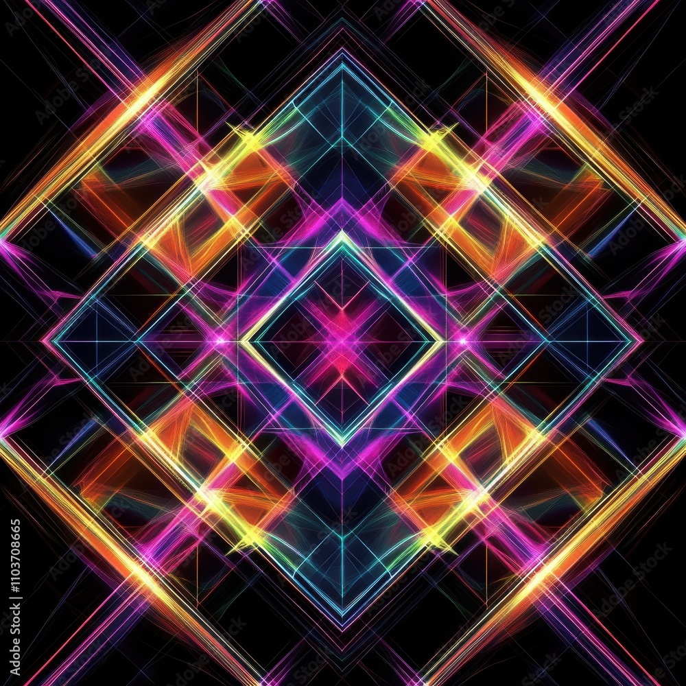 Poster vibrant abstract geometric patterns with colorful light effects against a dark background.