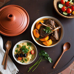 A warm, inviting, and rustic flat lay of a traditional Moroccan tajine dish, shot in a minimalist photography style, featuring tender lamb and roasted pumpkin, slow-cooked in a rich, aromatic sauce wi
